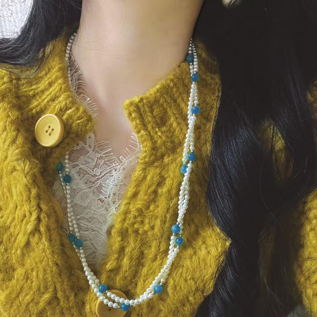 

Vintage Natural Tianhe Stone Artificial Crystal Pearl Design Sense Sweater Chain Necklace Collarbone Chain