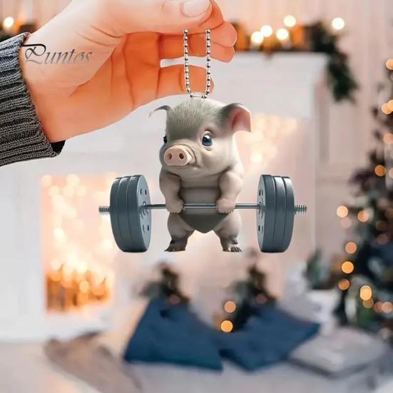 Porte-clés Pendentif Cochon Unique Mignon Cochon Haltérophilie Pendentif de Voiture, Acrylique Plat 2D Miroir Rétroviseur Compact Ornement Suspendu Décor, Porte-clés,