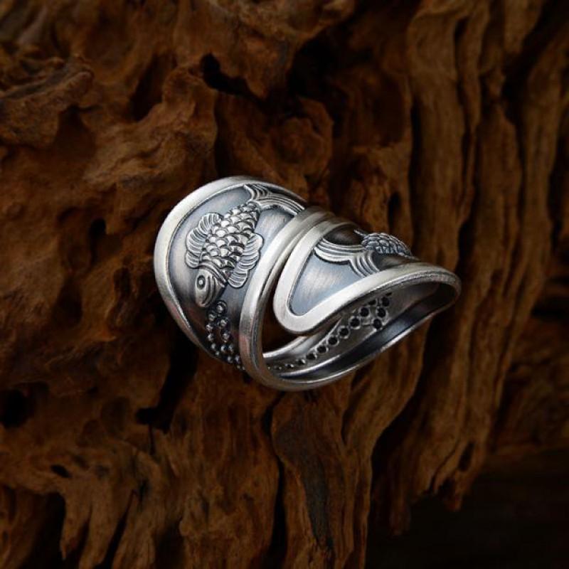 Adjustable Wide Band Ring Men Women Sterling Geometric Fish Motif Vintage Style Unisex Finger