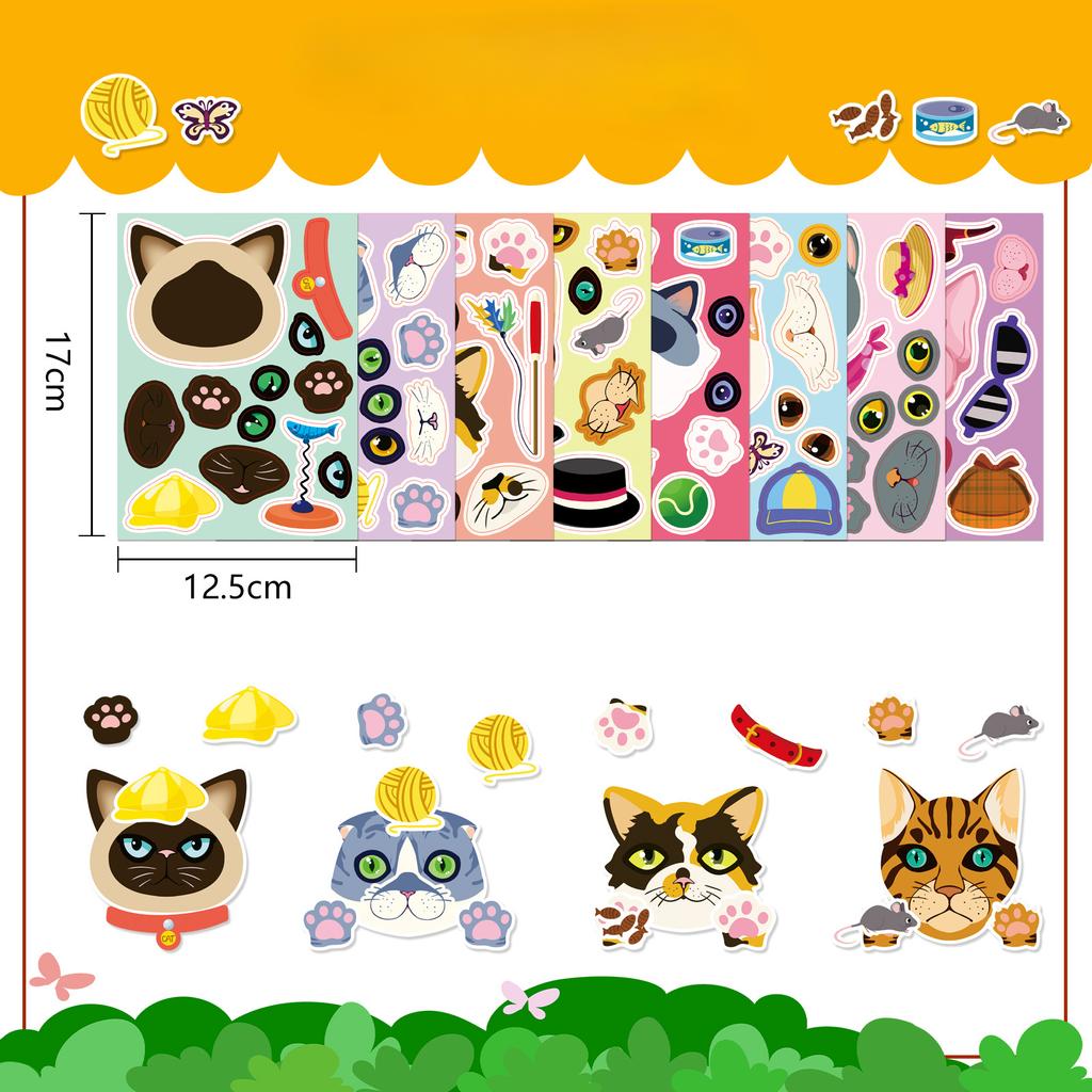 8 Pictures/set of Cat Face Changing Graffiti Stickers Cartoon Cute Make A Face Puzzle DIY Puzzle Stickers