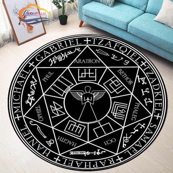 Tapis rond à motifs pentagramme soleil, tapis piège du diable satan, pentagramme blanc sur tapis noir, tapis surnaturel, tapis runique
