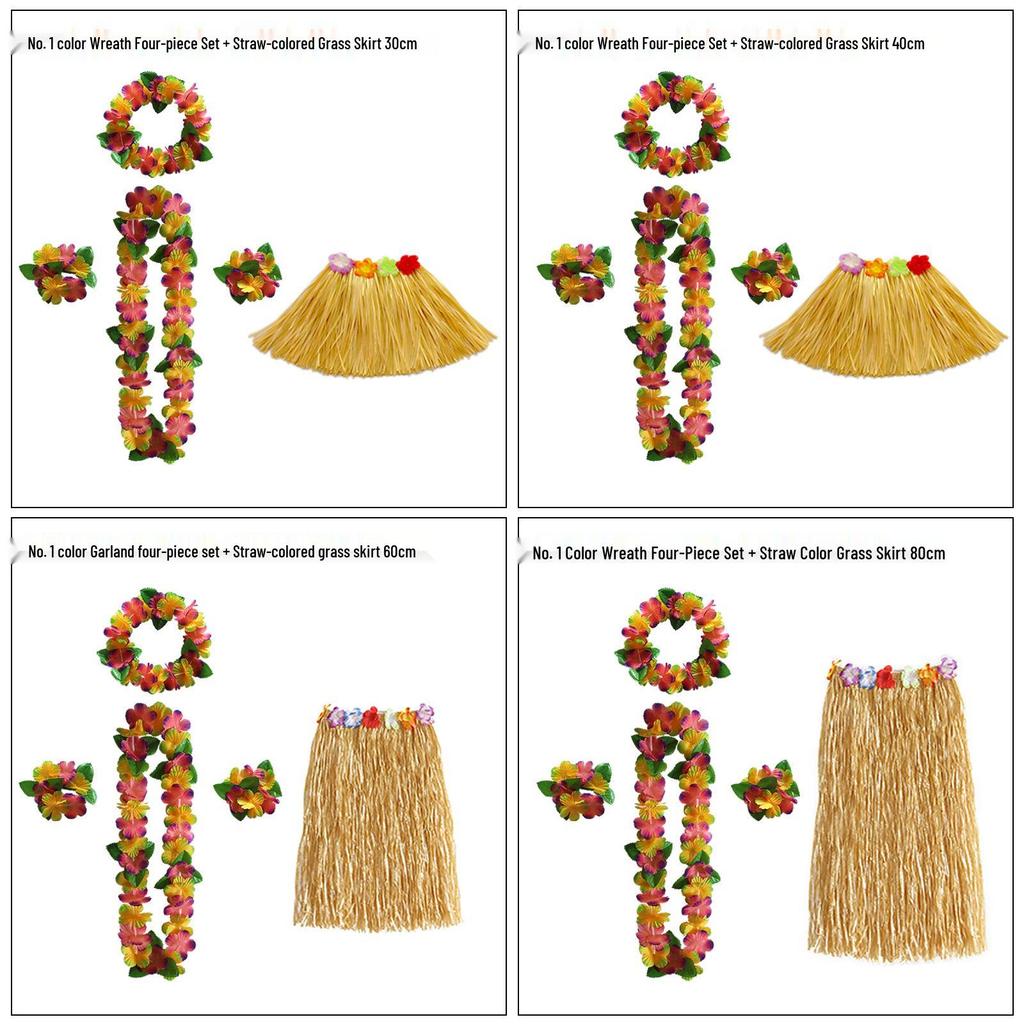 Kaifeng Summer Hawaiian Grass Skirt and Flower Garland Dance Party Set - 5 Pieces (30CM, 40CM, 60CM, 80CM)