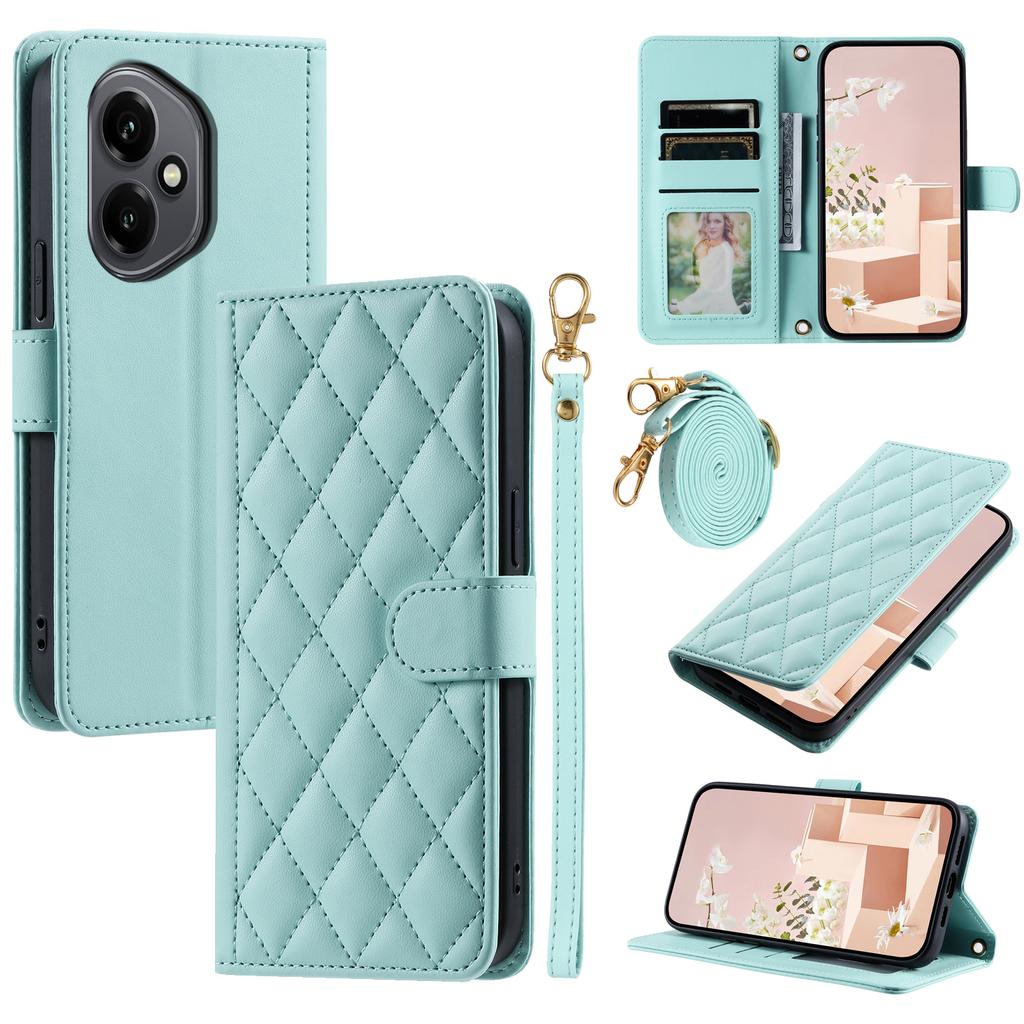 For Honor 400 5G (Global) Case Wallet Rhombus Grid PU Leather Phone Cover with Shoulder Strap/Wrist Strap