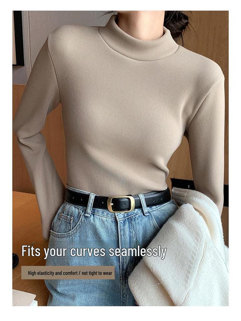 H331 Women's Slim Fit Knitted Half Turtleneck Sweater - Plus Velvet, Warm Long Sleeve Top for Autumn and Winter