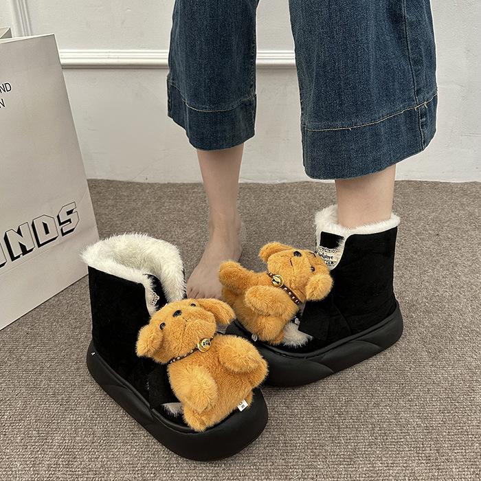 Women's Cartoon Puppy Lightweight Height-enhancing Thick Sole Winter Warm Fur One Snow Boots Plush Lined Non-slip Casual Sports Cotton Boots
