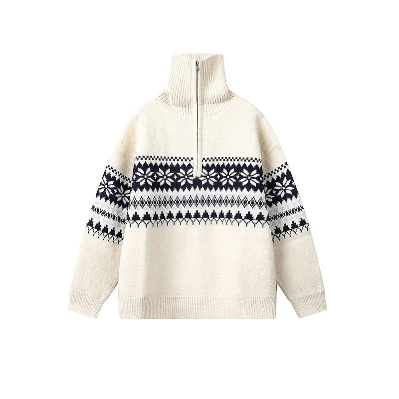 Unisex Röd Retro Fair Isle Halvdragkedja Hög Halsstickad Tröja