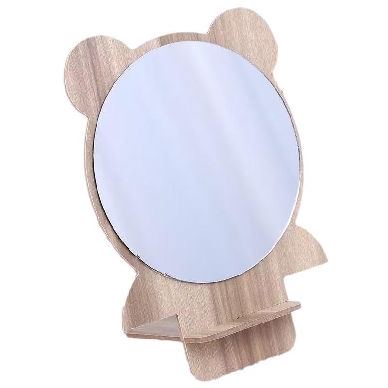 Cute Cartoon Wooden Tabletop Makeup Mirror HD Clear Surface Anti-slip Base for Women Daily Makeup Skincare Use A1