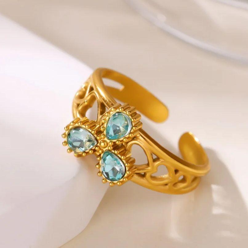 Luxury Blue Zircon Waterdrop Ring For Women Gold Plated Stainless Steel Ring Hypoallergenic Wedding Christmas Jewelry Gift