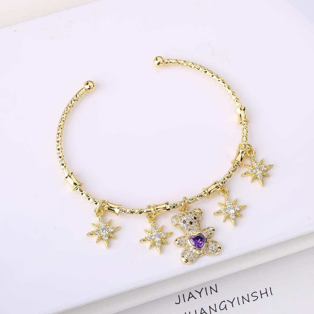 Heart-Shaped Crystal Bear Animal Candy Bracelet for Women Copper Gold Plated Hoops Zircon Bangles Dainty Jewelry Party Gifts