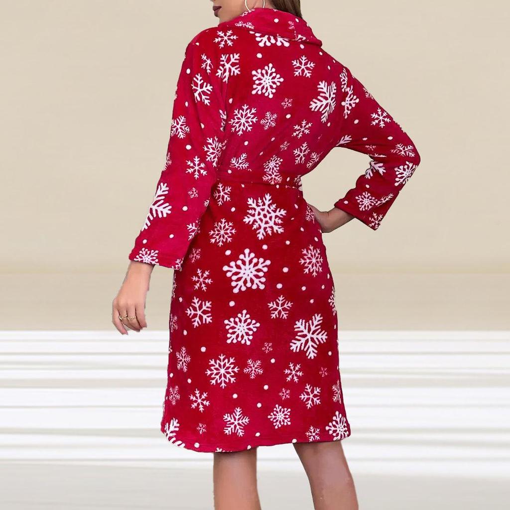 2025 Christmas Snowflake Print Thick Flannel Bathrobe Nightgown for Women