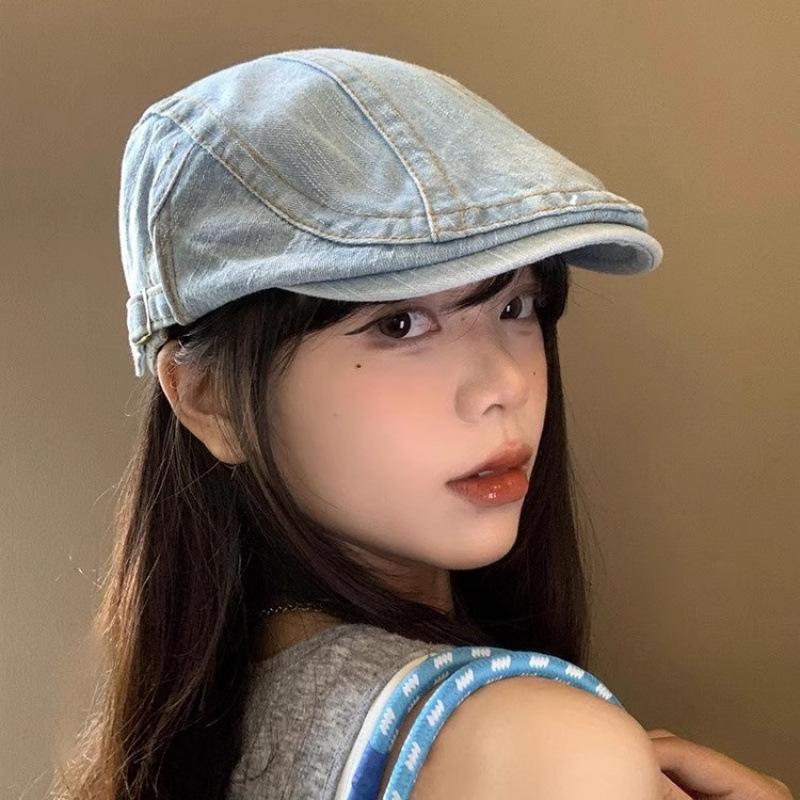 Spring And Summer Washed Denim Forward Hat Japanese Retro Face Small Beret Reverse Wearing Big Head Circumference Painter Hat