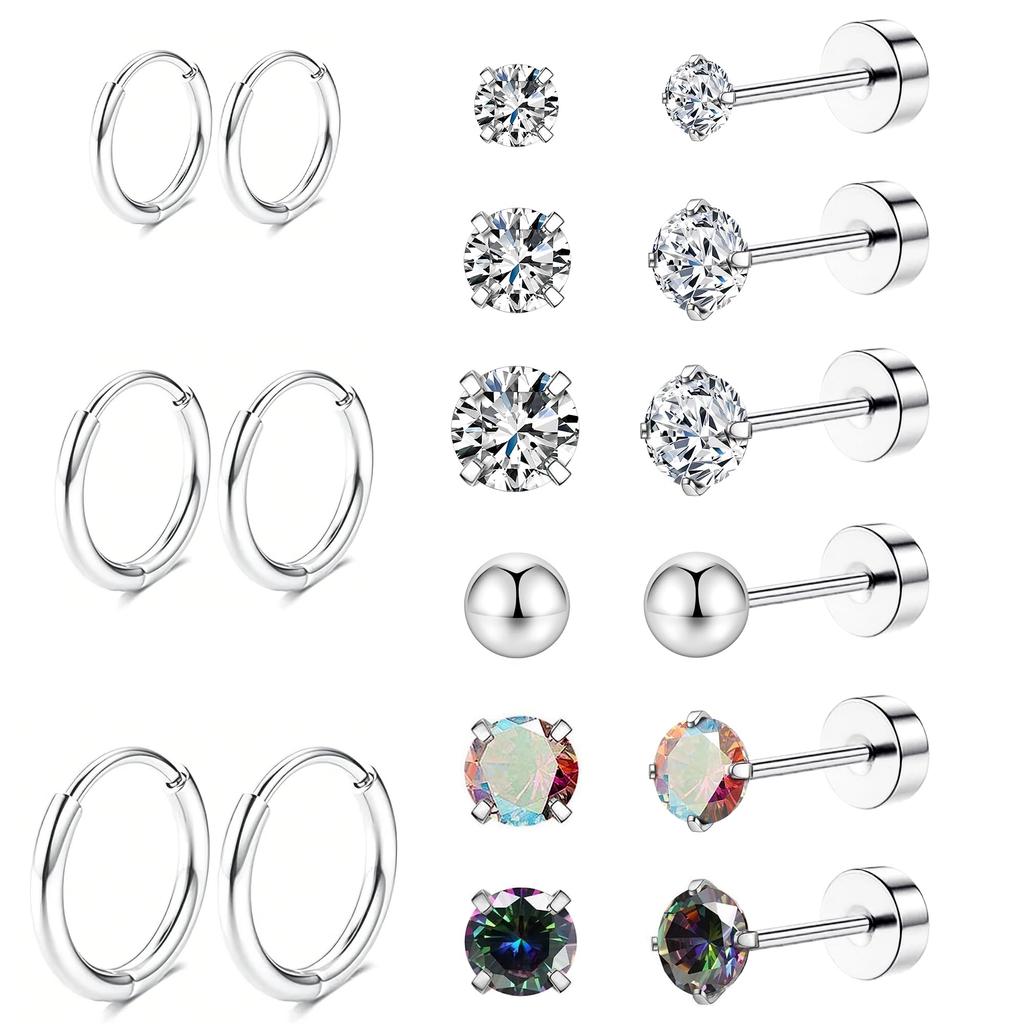 9 Pairs Flat Back Stud Earrings Sets for Multiple Piercing Small Silver Flat Back Surgical Steel Tiny Ball Pearl Cubic Zirconia
