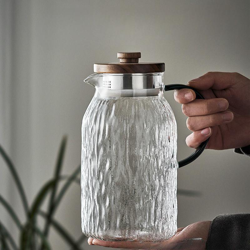 Japanese Style Glass Cold Water Kettle Wooden Cover Bark Pattern Glass Juice Drink Kettle Set Large Capacity Cooling Boiled Water Kettle