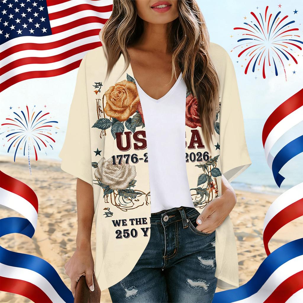 Women's Independence Day Print Cardigan, Loose-Fit Tunic, Casual Shirt