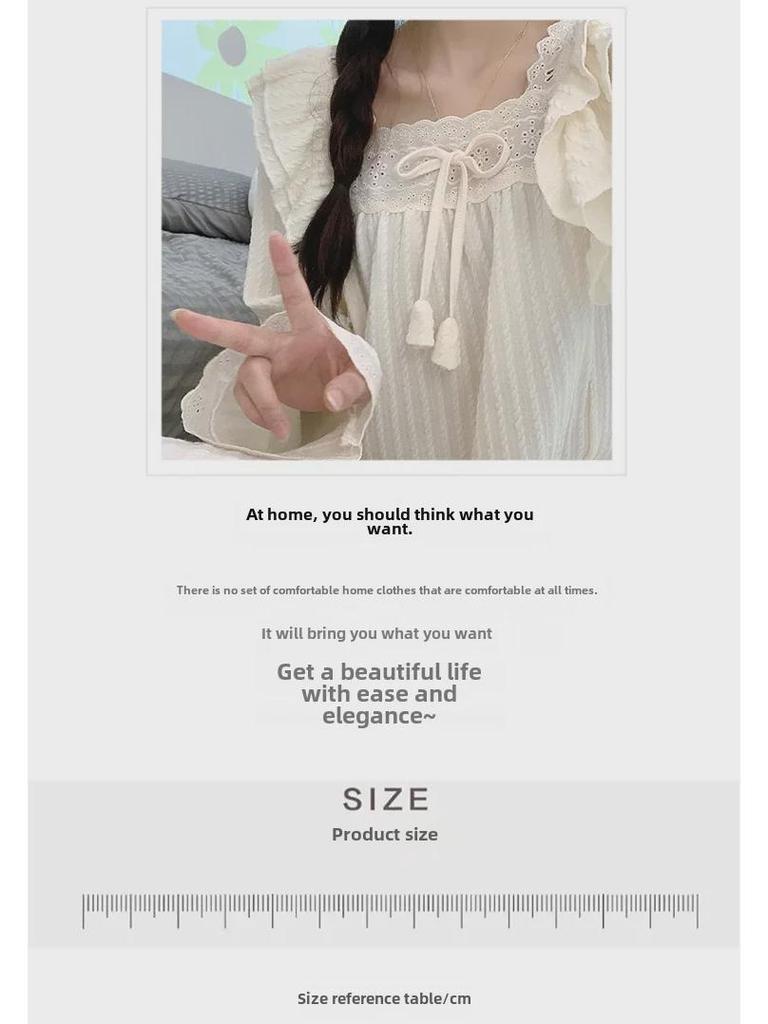 6535 Jacquard Cotton Pajamas - Women's Sweet Long-Sleeve Mid-Length Nightdress, Plus Size (Up To 220 Lbs) for Spring & Autumn