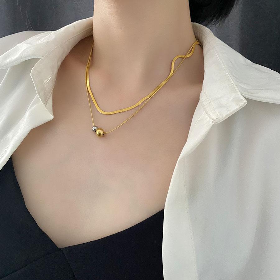 Punk Double Layer Choker Necklace for Women Snake Blade Chain Stainless Steel Bead Ball Pendant Minimalist Fashion Jewelry