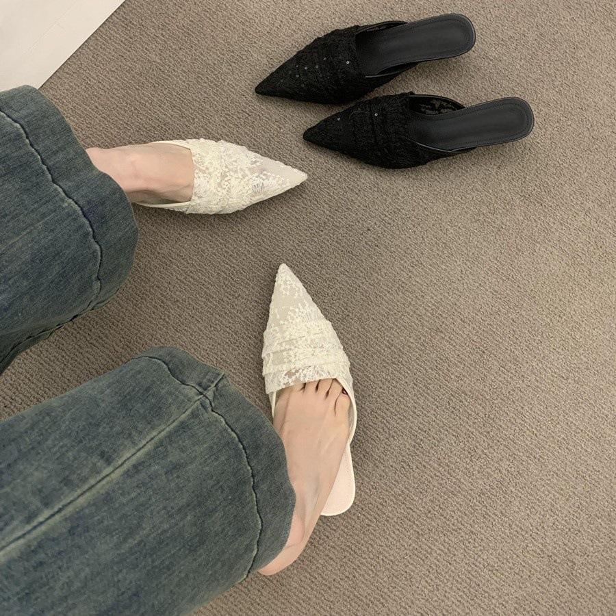 Breathable lace bag head half slippers women's summer wear French beautiful sandals 3cm kitten and pointed muller shoes