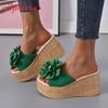 Fashion Aphixta Summer 9cm Wedge Heels Slippers Women Big Pearl Bead Flowers Cow Suede Bow Mulers 4cm Platform Sandals Clog Shoes Slides