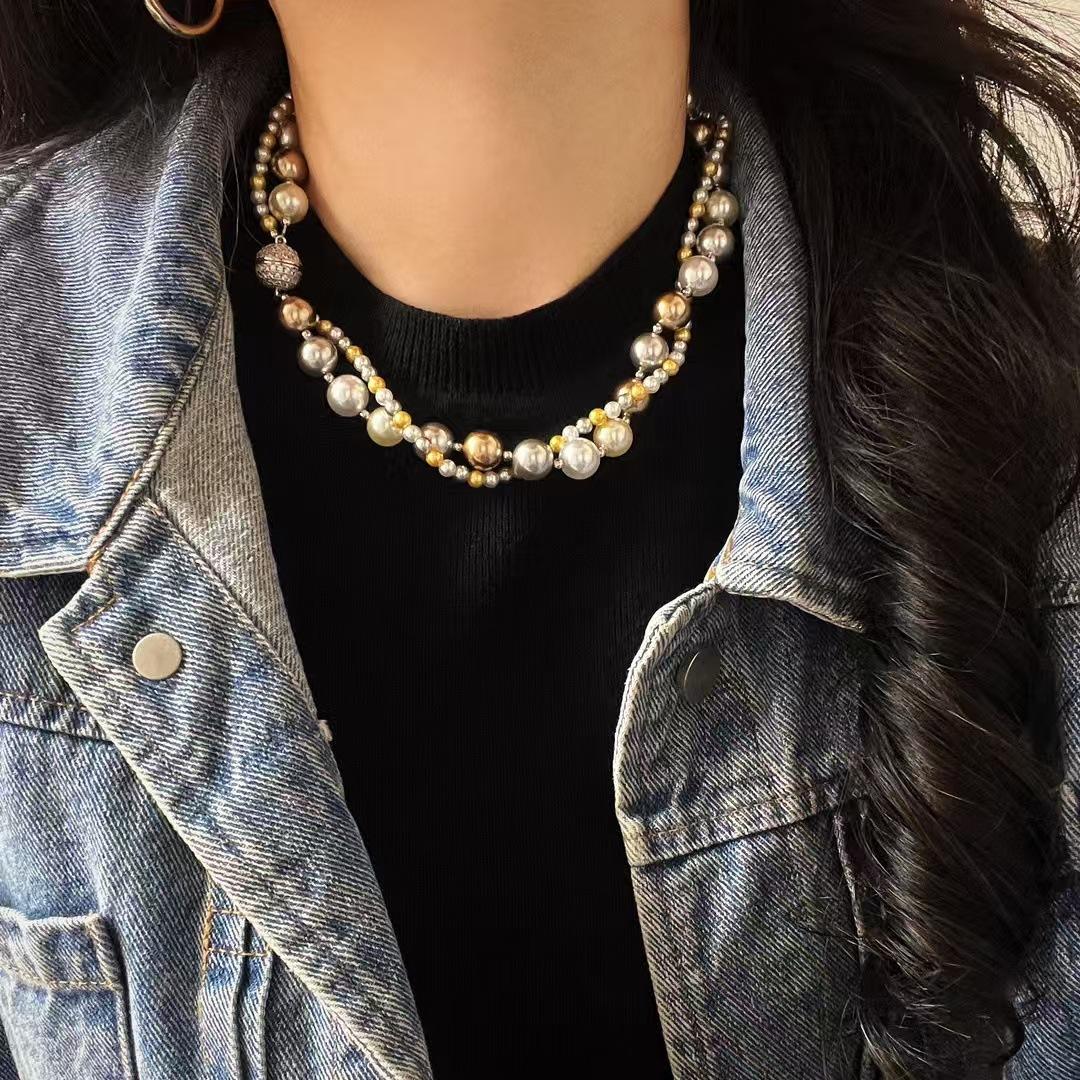 

Strong Light Is Round High Quality Artificial Crystal Pearl Mixed Color Maillard Double-Layer Winding Necklace Collarbone Chain