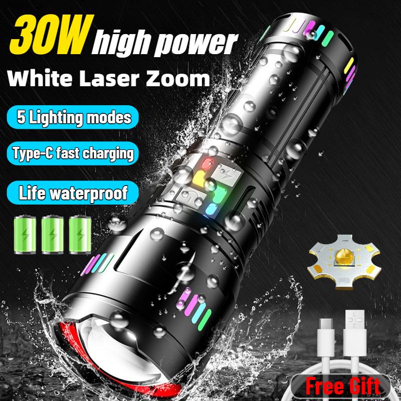 30W High Power Strong Light Flashlight Charging Long Range Flashlight New Telescopic Variable Focus High Luminous Aluminum Alloy Flashlight