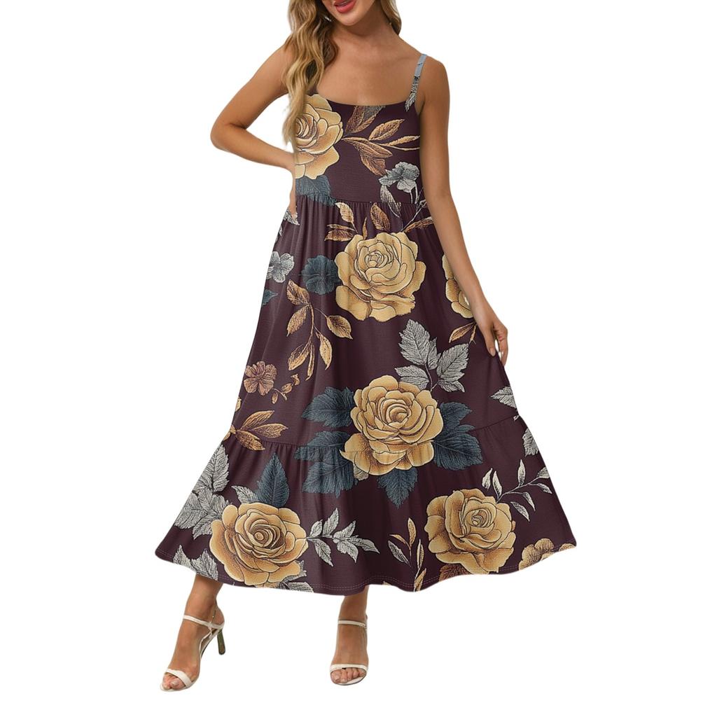 Damska Długa Plażowa Codzienna Elegancka Sukienka Maxi na Cienkich Ramiączkach, Szyta, Subtelna, Zwiewna Sukienka w Stylu Boho