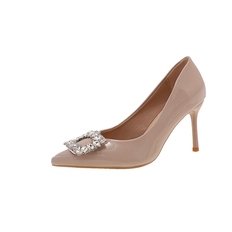 Fashion Pointed Toe Patent Leather Office Pumps Women Autumn Sexy High Heel Party Shoes Luxury Big Crystal Buckle Dress Pumps