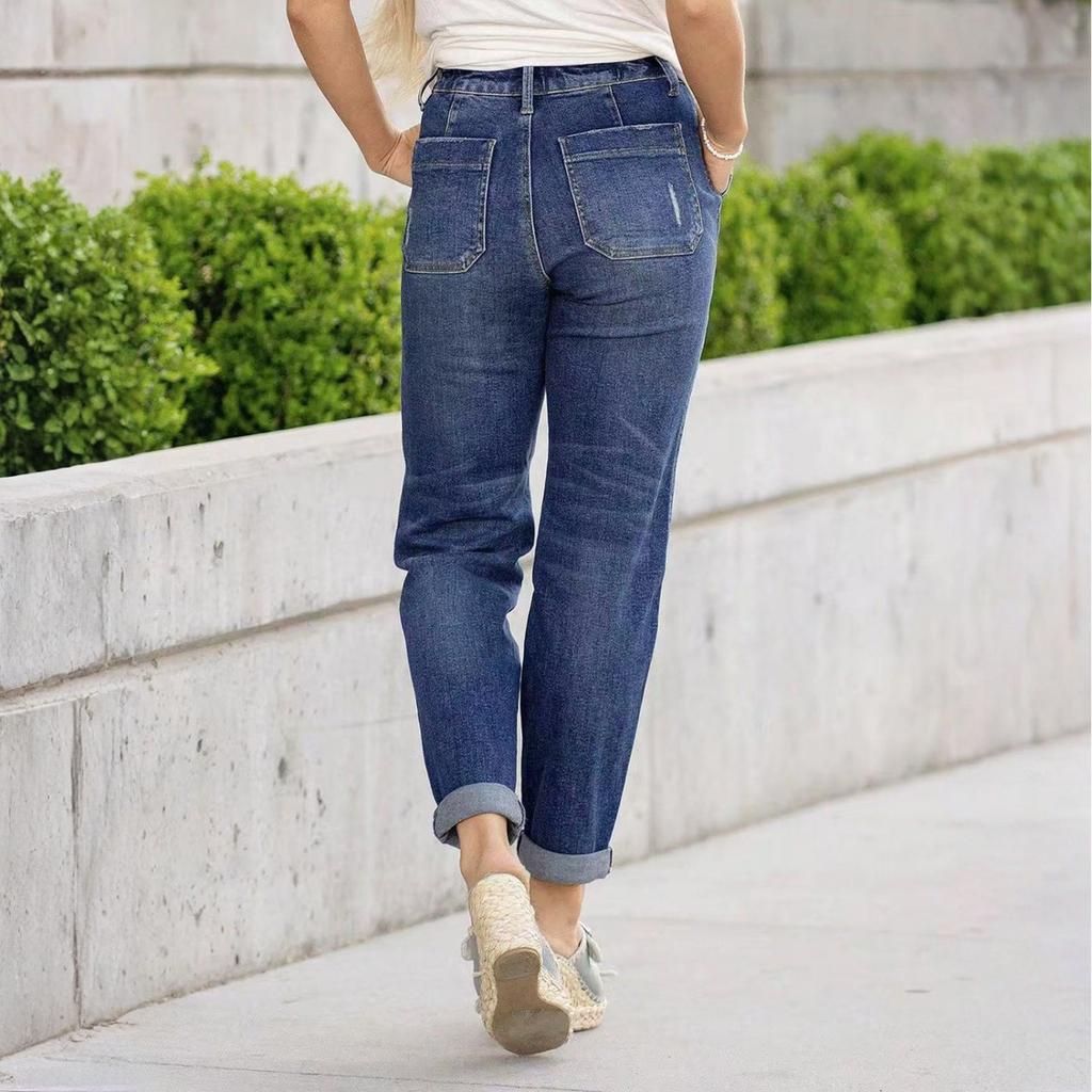Klassiske allsidige moteriktige denimbukser med høy midje for kvinner