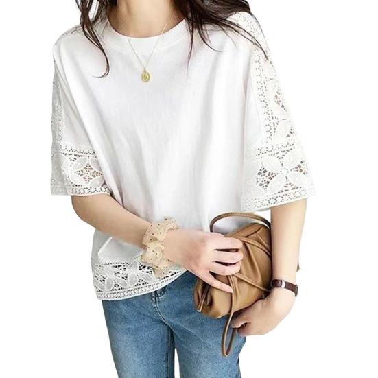Women Casual T-shirt Round Neck Hollow Lace Stitching Half Sleeve Pullover Tops Solid Color Loose Fit Summer Tops