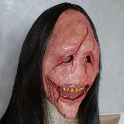 Red Face Long Hair Latex Demon Mask with Bared Teeth