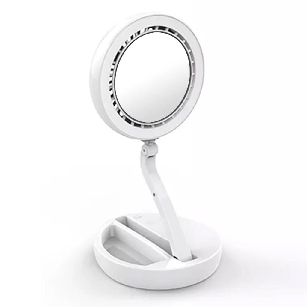 Rechargeable LED Light Makeup Mirror Foldable Fan, Portable Vanity, Smart Cosmetic Tool, 2 In 1, Home Gift