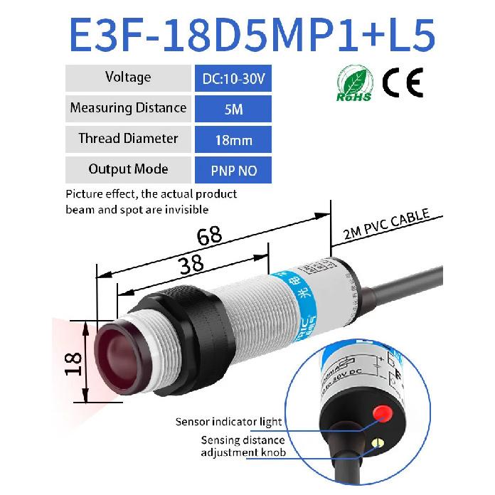 GTRIC Infrared Photoelectric Sensor Through-beam Sensing Distance 5M 10-30V 3-wire NPN PNP 90-240V AC Photoele Switch