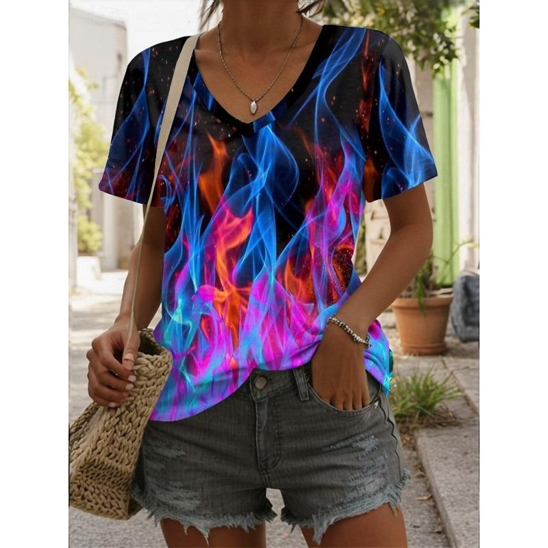 Print T-shirt Women Streetwear Casual T Shirts Y2k Tops Woman Harajuku V-Neck Tees Oversized Clothing