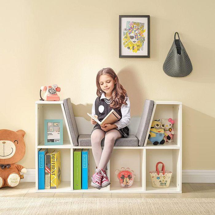 GINGER HOME – Bibliothèque enfant 3-en-1 avec banc, 6 casiers + 2 étagères, coussins, blanc, 112×28×61 cm