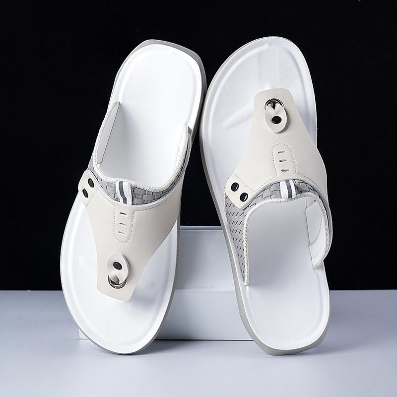 Men Flip Flops Flats Slippers Summer White Sandals Retro Black Leather Beach Shoes Plus Size