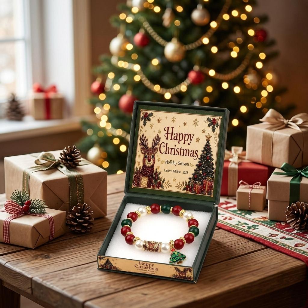 Christmas Pearl Bracelet with Natural Crystal Beads: Festive Holiday Jewelry Featuring Alloy Christmas Tree Pendant Stretch Wrist Accessory for Wome