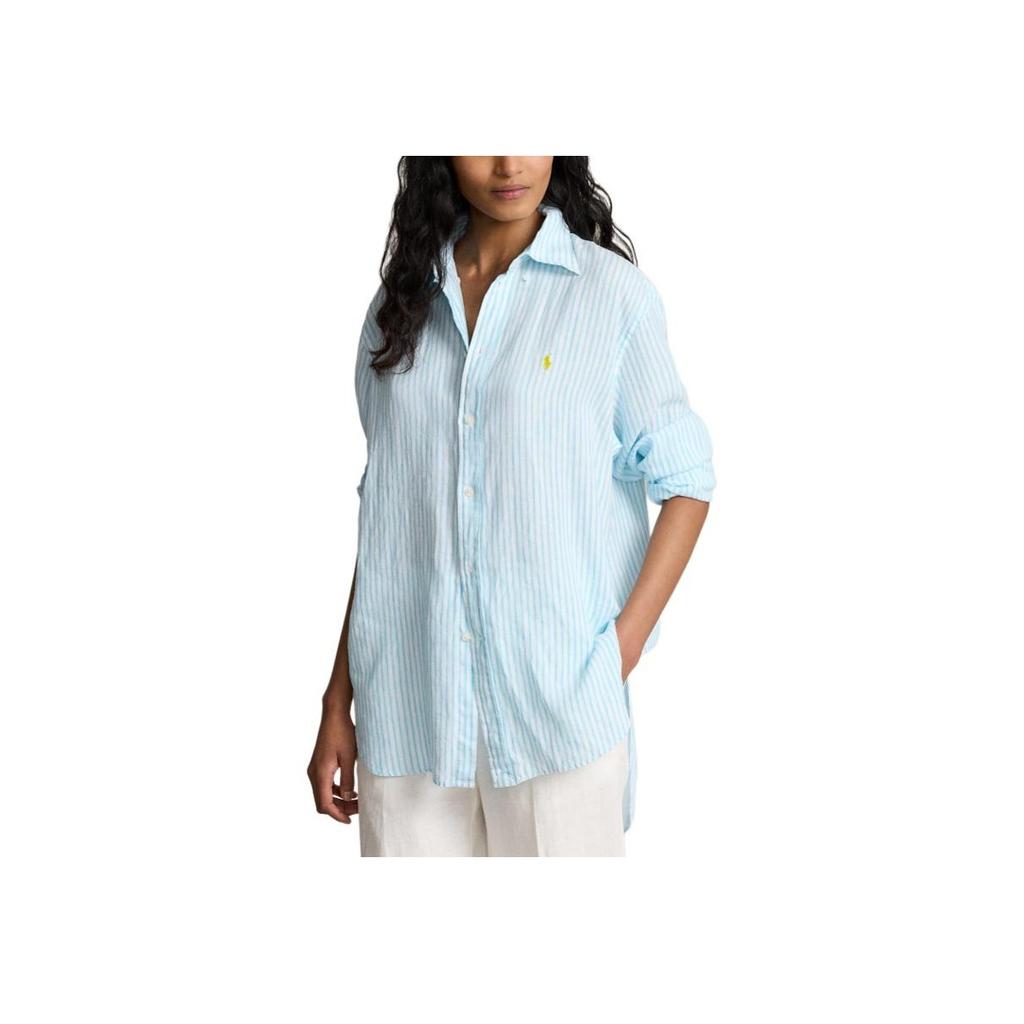 Polo Ralph Lauren SS24 Striped Logo Embroidered Loose-Fit Single-Breasted Long Sleeve Shirt Women Shirts Turquoise WMPOSHTNDO20612-999