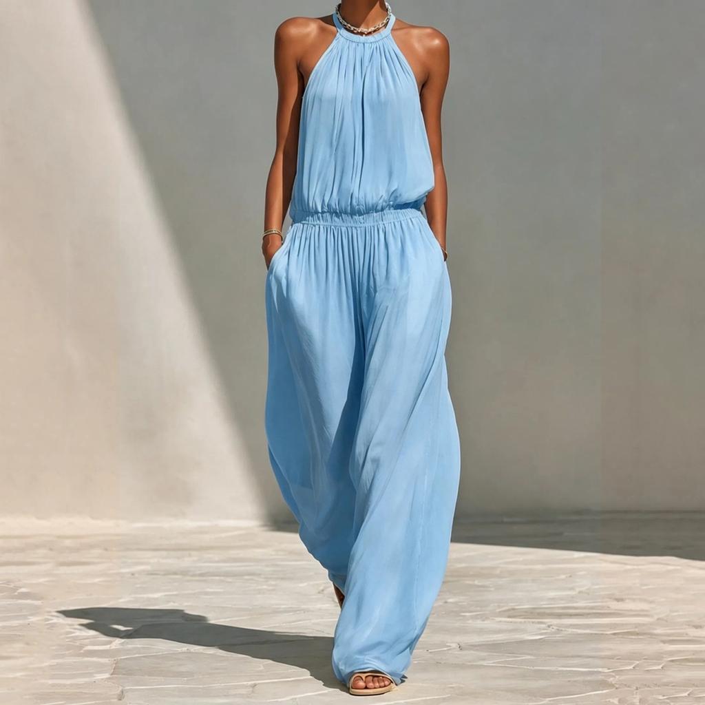 Women's Neck Loose Wide Leg Jumpsuit Vacation Beach Casual Romper for Summer