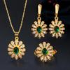 WWJ Korean Design Cubic Zircon Sun Flower Ring Earrings Pendant Necklace 3pcs Set