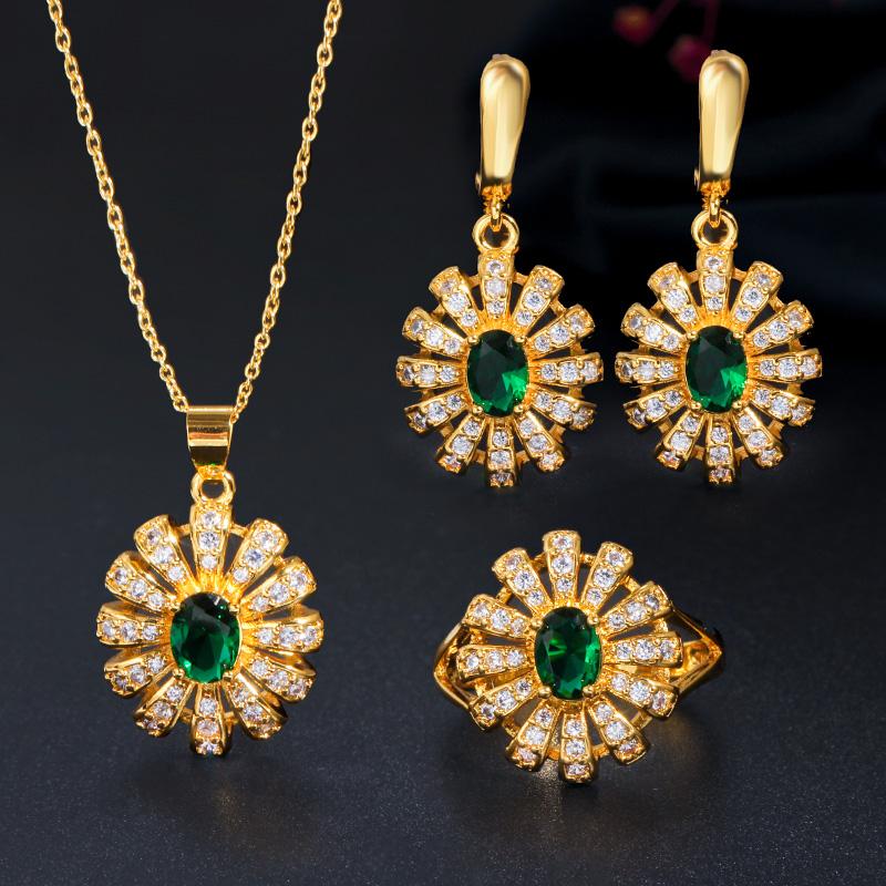 WWJ Korean Design Cubic Zircon Sun Flower Ring Earrings Pendant Necklace 3pcs Set