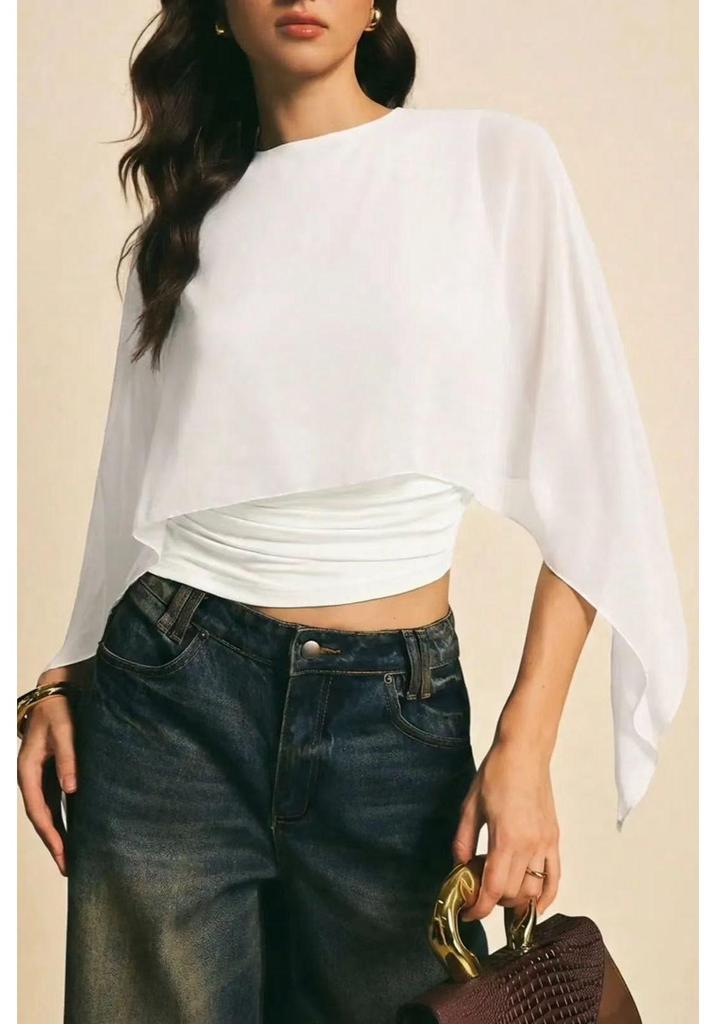2026 Summer Women's Cape Sleeve Chiffon Top: Round Neck, Loose, Elegant Irregular Design