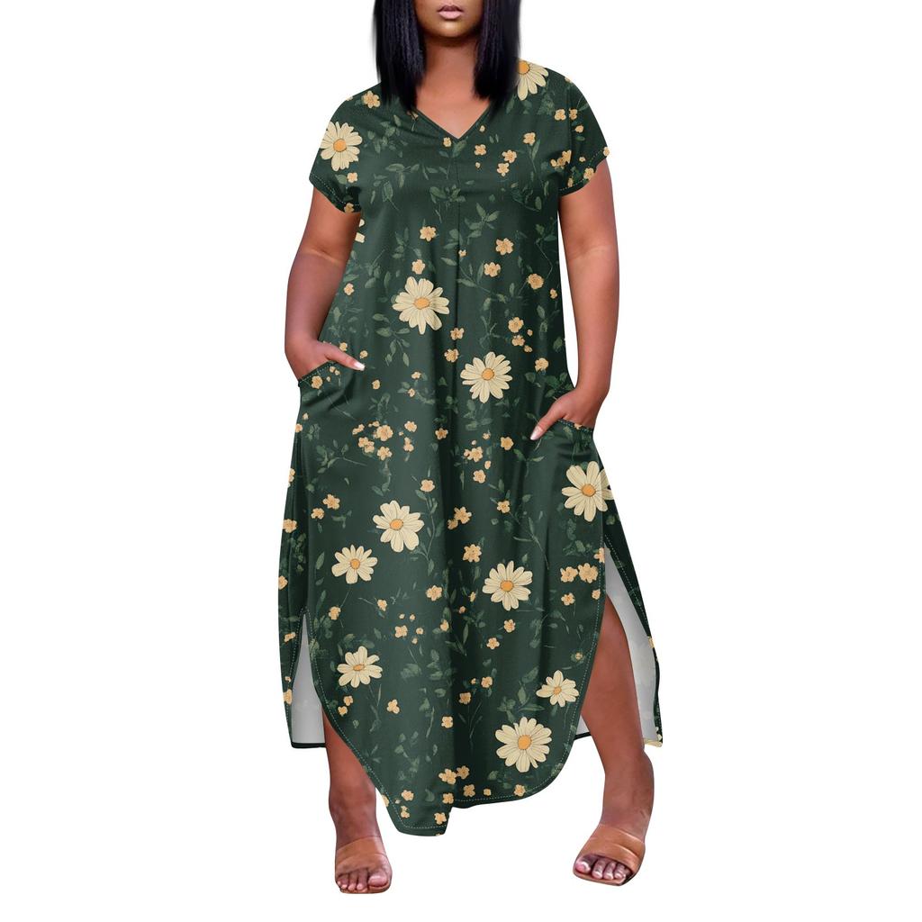 Women Floral Maxi Dress Summer Casual Short Sleeve Dress Sundress V-Neck Long Dresses With Pockets Beach Vacation