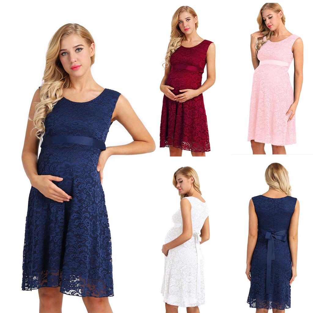 Elegant Women Maternity Floral Lace Overlay Sleeveless Baby Shower