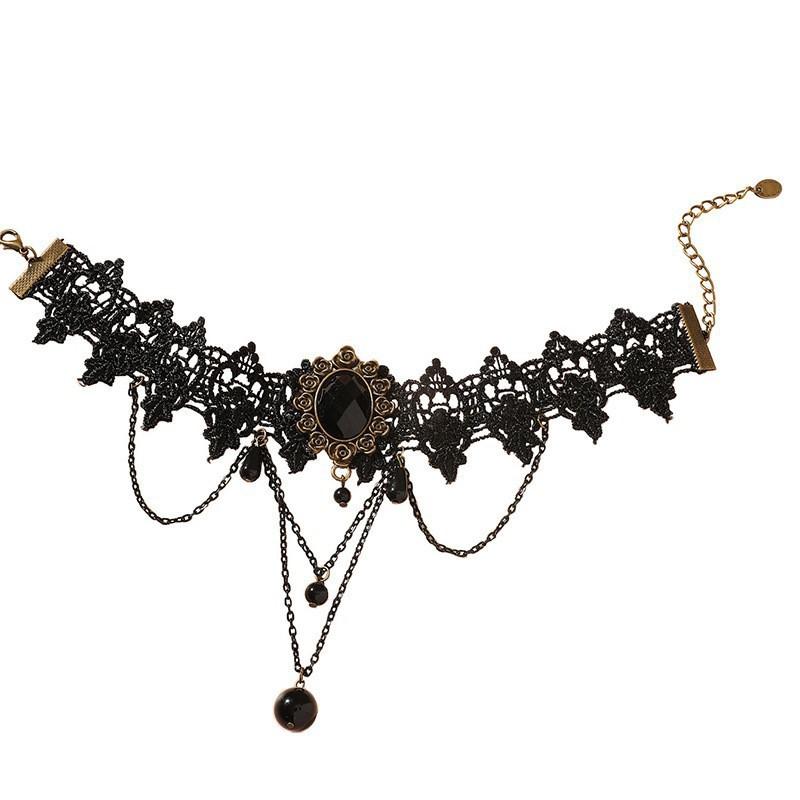 Retro Hollow Black Lace Necklace Medieval Style Lace Accessories Round Bead Pendant Clavicle Chain