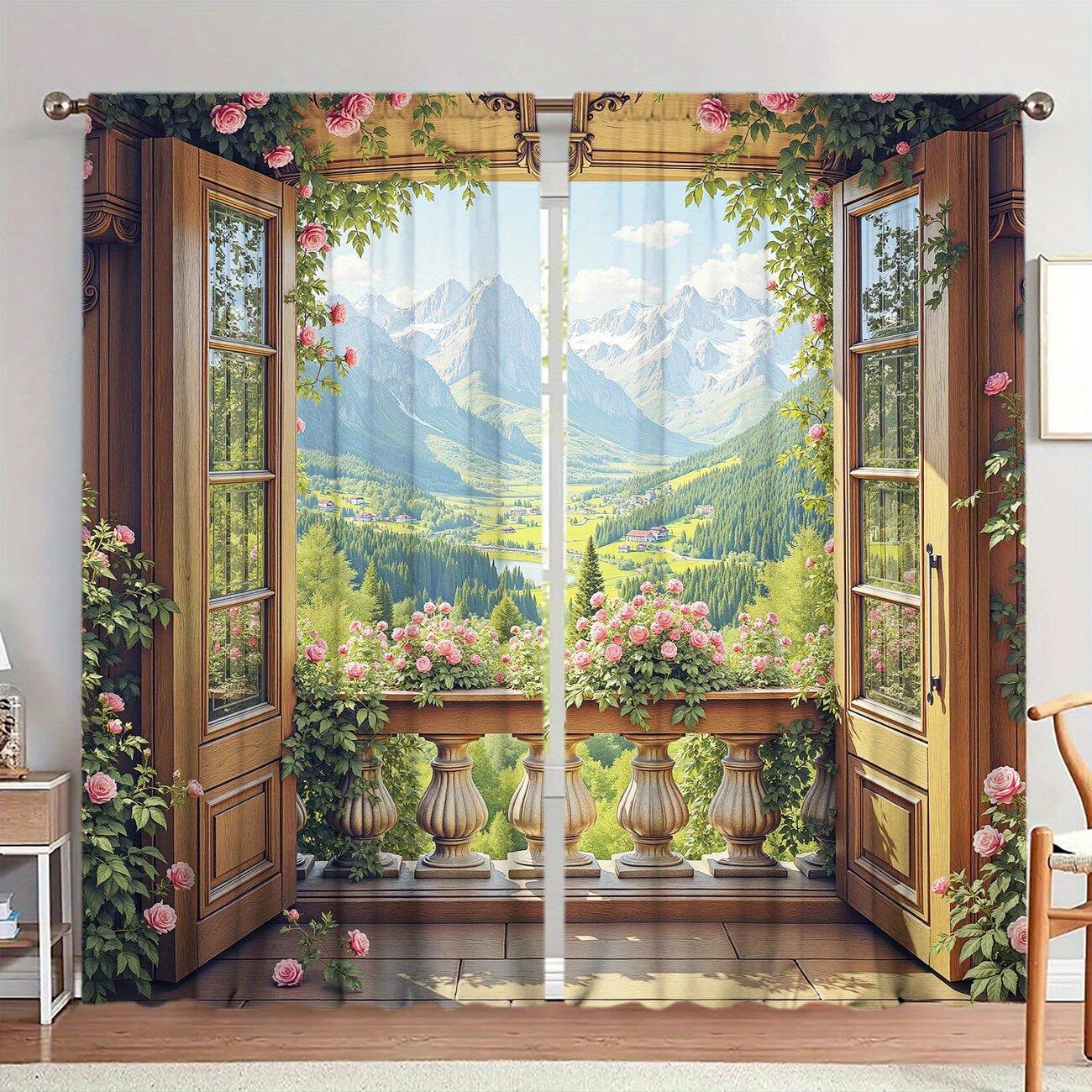 2pcs- Realistic fresh garden printed curtains, pole bag curtains 42*84, bedroom, living room, home room decoration