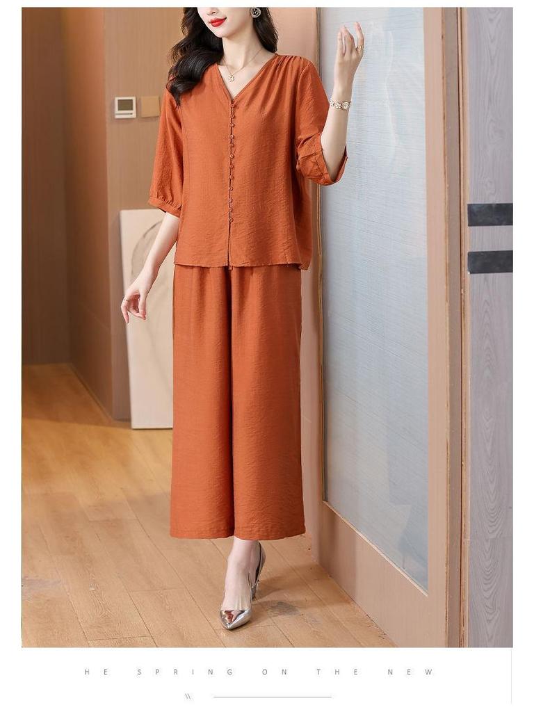 2025 Women's Retro Fashion Casual Two-Piece Set: Top & Wide-Leg Pants