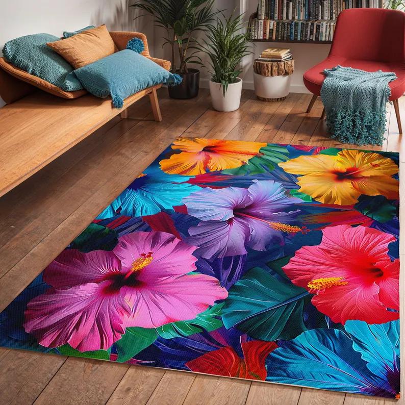 Tapete de Flores Laranja Vermelho Tapete Tropical Tapete Floral Hibisco Decoração de Pátio Varanda Jardim Tapete Estampa Folha Verde Tapete de Chão Exterior