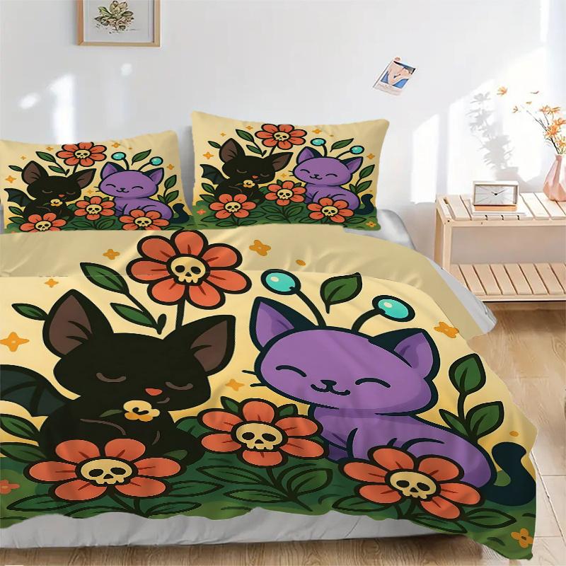 3pcs Purple Cat & Black Bat Cute Cartoon Quilt Cover Set (1 Quilt Cover + 2 Pillowcases Without Pillow Core), High-Definition Printing for Home a