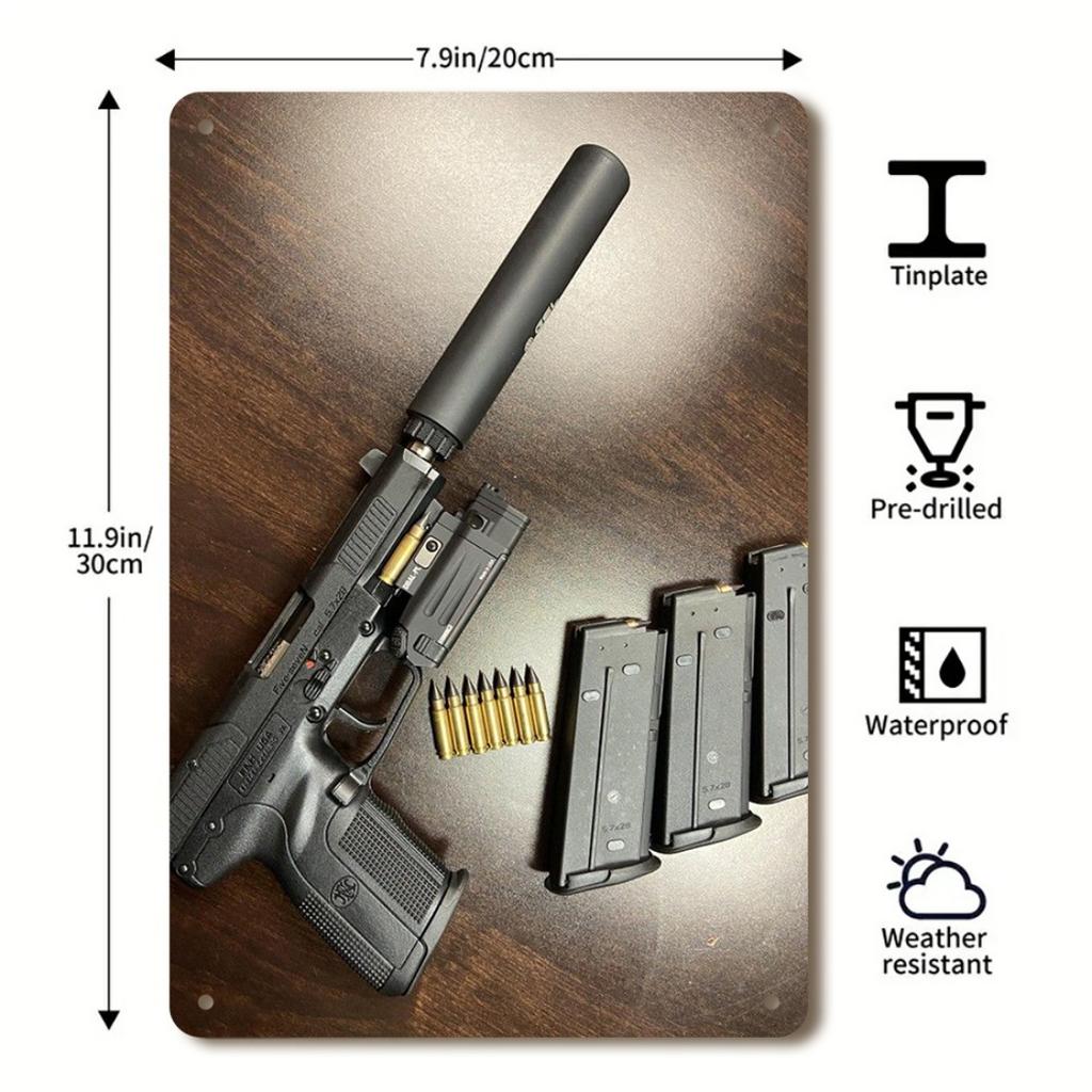 2D Wall Art Tactical FN Pistol With Silencer And Extra Magazine Wall Art Signage,   Iron Wall Art Signage