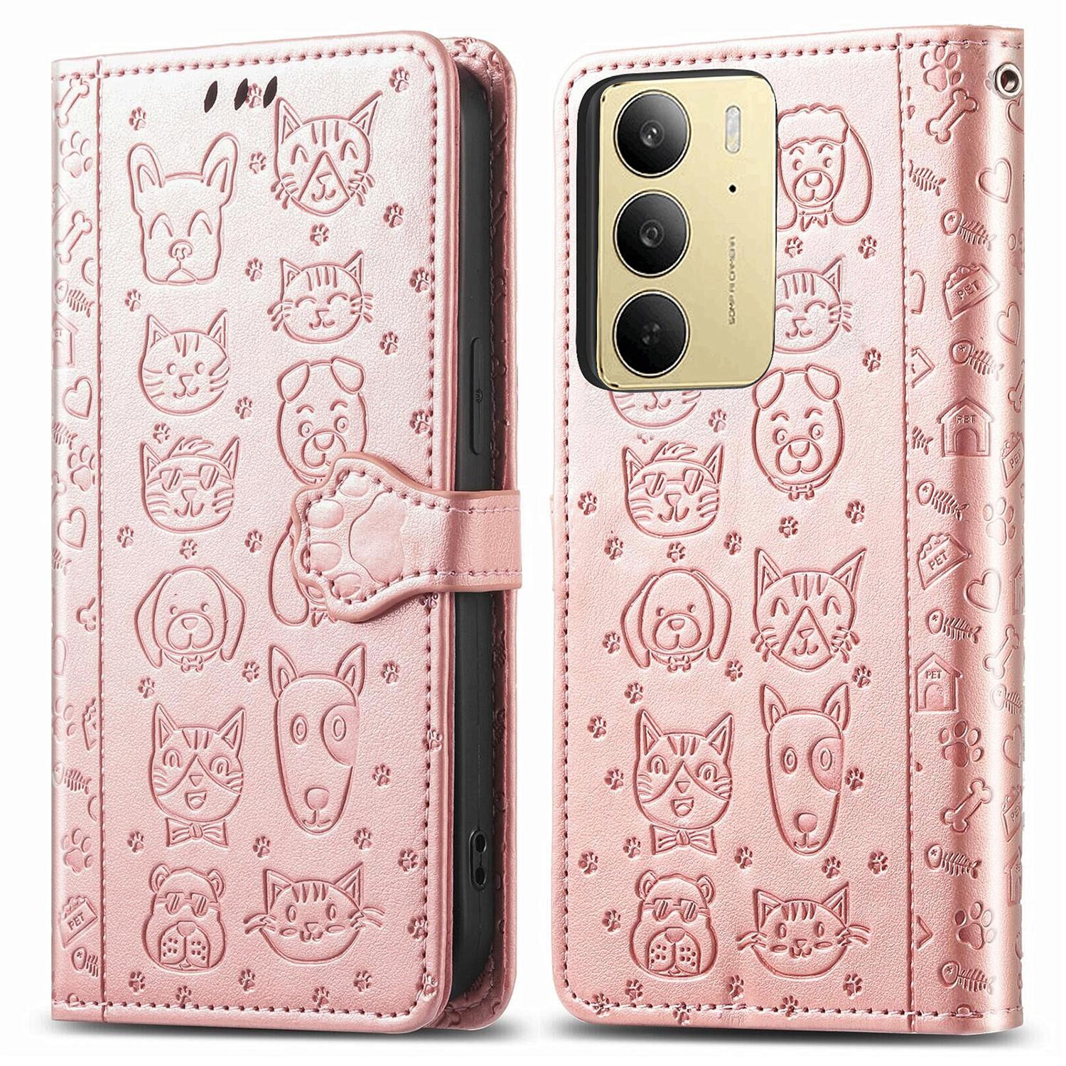 

Кожаный чехол-кошелек для Realme C75 4G, откидная крышка для телефона с милым рисунком кошки и собаки Rose Gold