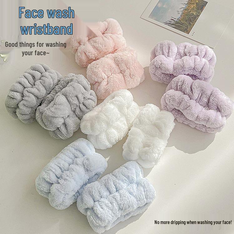 Moisture-Proof Facial Care Set: Bow Headband, Waterproof Wristbands, Hair Tie.